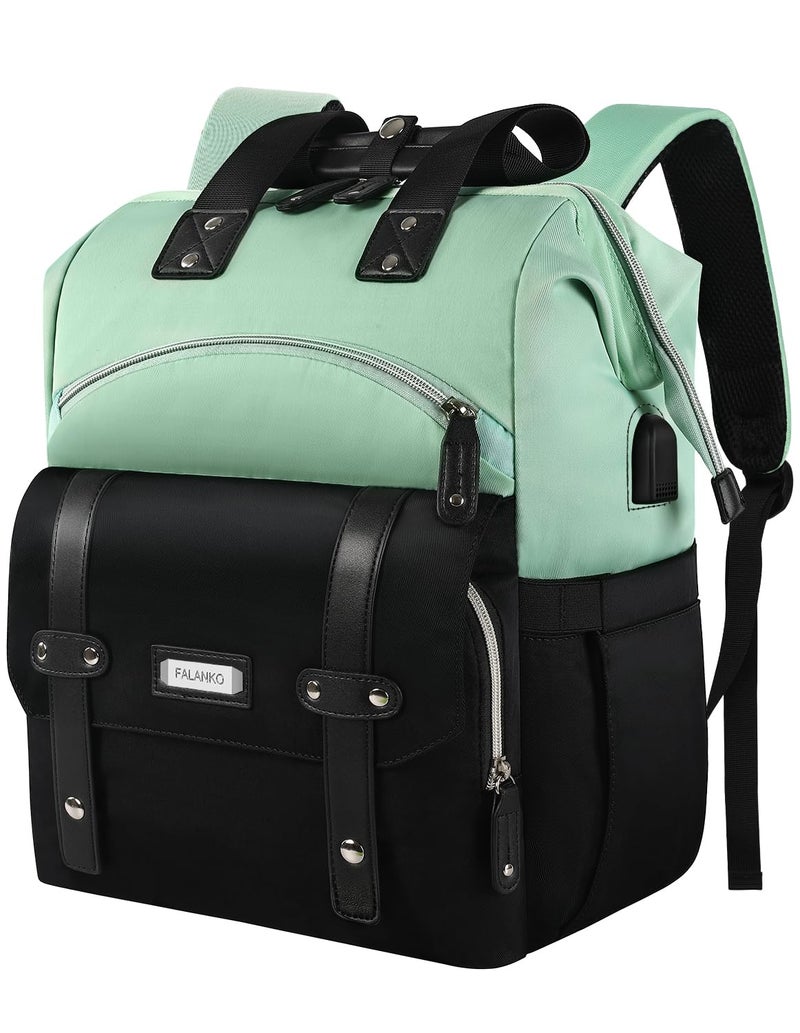 FALANKO Laptop Backpack for Women College Work Teacher backpack for 15.6 Inch laptop with USB Charging Port Travel Anti Theft Laptops Backpack RFID Anti Theft  Shoulder Purse Bags Green Black - Image 1